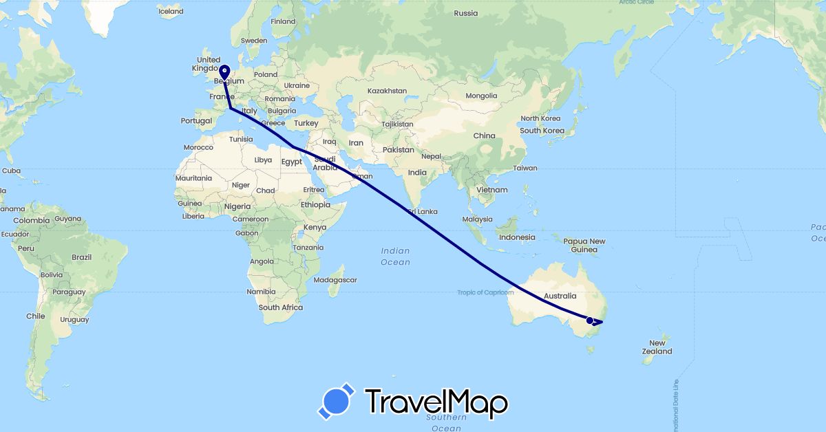 TravelMap itinerary: driving in Australia, Egypt, France (Africa, Europe, Oceania)